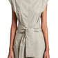 The Proenza Schouler White Label Caro Dress Brushed Poplin is a light gray, sleeveless dress with wide shoulders and an A-line silhouette, featuring a front-tied large fabric belt that cinches the self-tie waist for a flattering look.