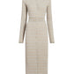 Discover the Ivanna Dress Micro Check by Proenza Schouler White Label—a long beige knit wonder with a V-neckline, button-up front, long sleeves, and a fitted waist.