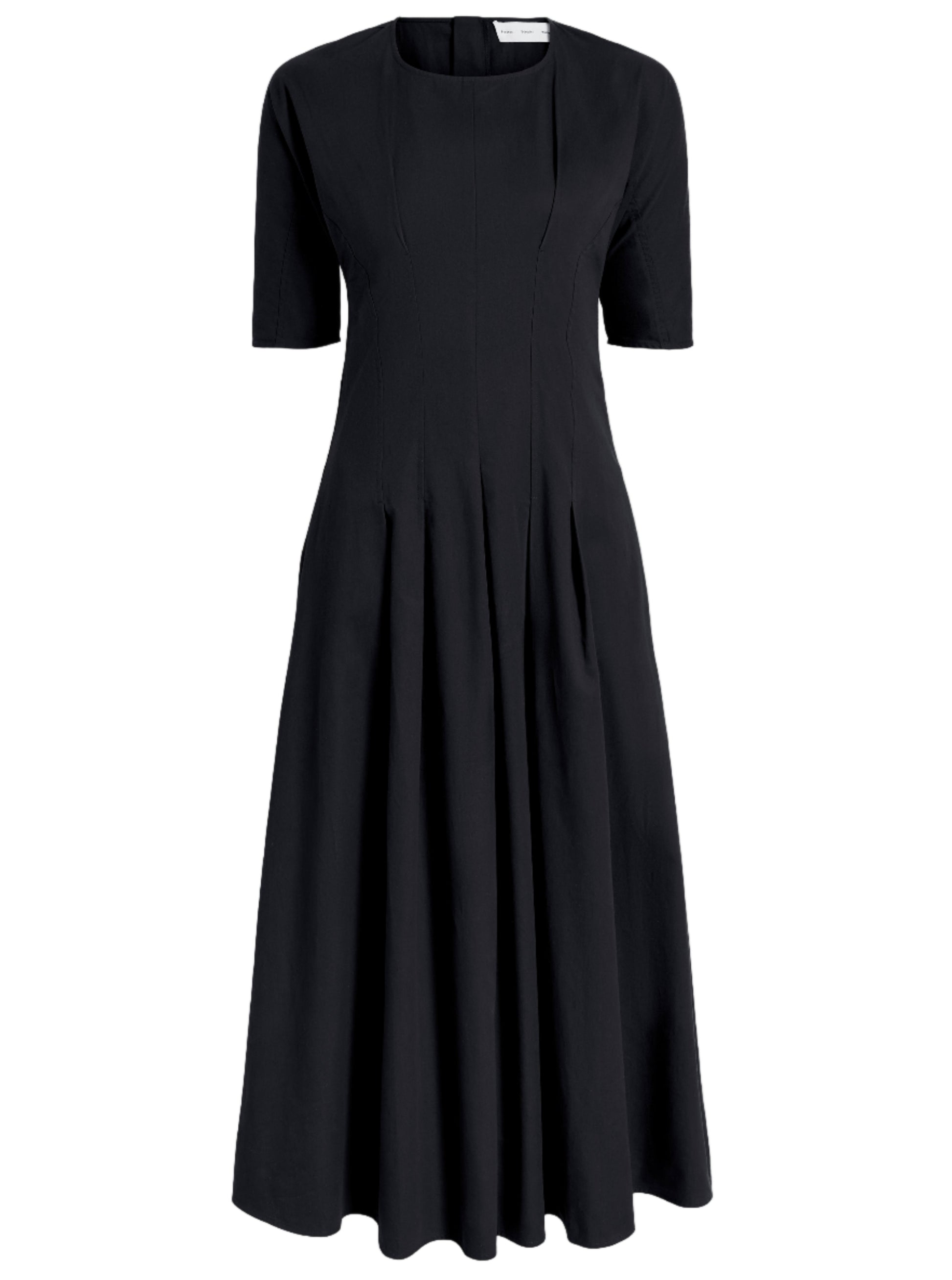 The Ainsley Dress by Proenza Schouler White Label showcases a classic black, knee-length style with short sleeves, a fitted bodice, and an A-line silhouette made from soft Tech Cotton.