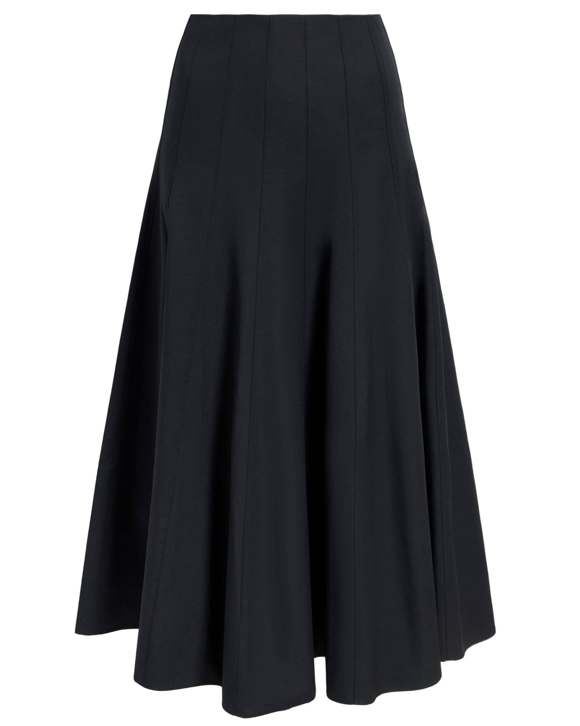 The Heidi Skirt by Proenza Schouler White Label is a black, knee-length A-line skirt made from Tech Cotton, featuring panel detailing and a flared hem.