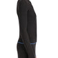 A woman in profile wears the Proenza Schouler White Label Daniella Sweater, a fitted ribbed black skirt set with blue trim at the waist and cuffs, standing against a white background.