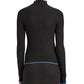 A person is seen from the back wearing the fitted, long-sleeve Daniella Sweater by Proenza Schouler White Label in ribbed black Souffle Knit with blue trim at the cuffs and hem.