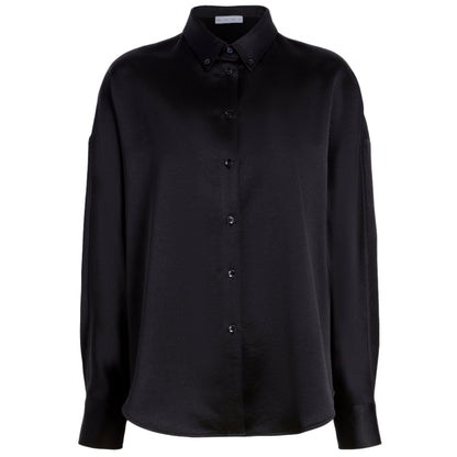 The Proenza Schouler White Label Caroline Crinkled Crepe Shirt showcases a relaxed black silhouette with long sleeves, a button-up front, and classic collar, set against a plain white background.