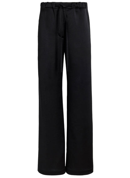 The Proenza Schouler White Label Magnus Crinkled Crepe Pant features a black high-waisted, wide-leg silhouette with an elastic waistband and drawstring tie, shown against a plain white background.