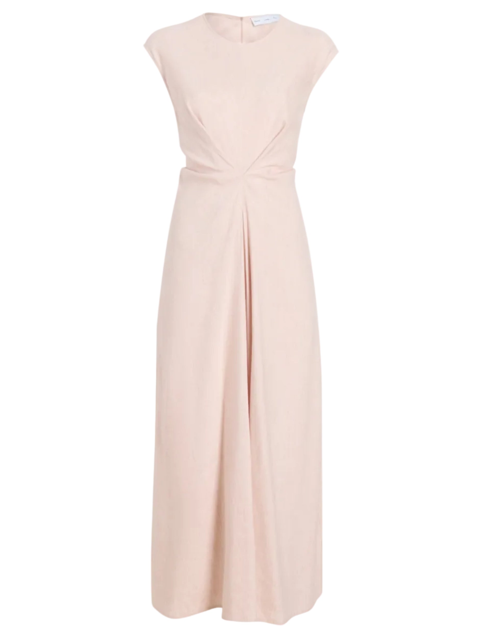 The Miranda Dress by Proenza Schouler White Label is sleeveless and light pink, crafted from linen slub with an A-line silhouette, high neckline, and subtle twist detail at the waist.