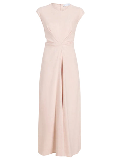 The Miranda Dress by Proenza Schouler White Label is sleeveless and light pink, crafted from linen slub with an A-line silhouette, high neckline, and subtle twist detail at the waist.
