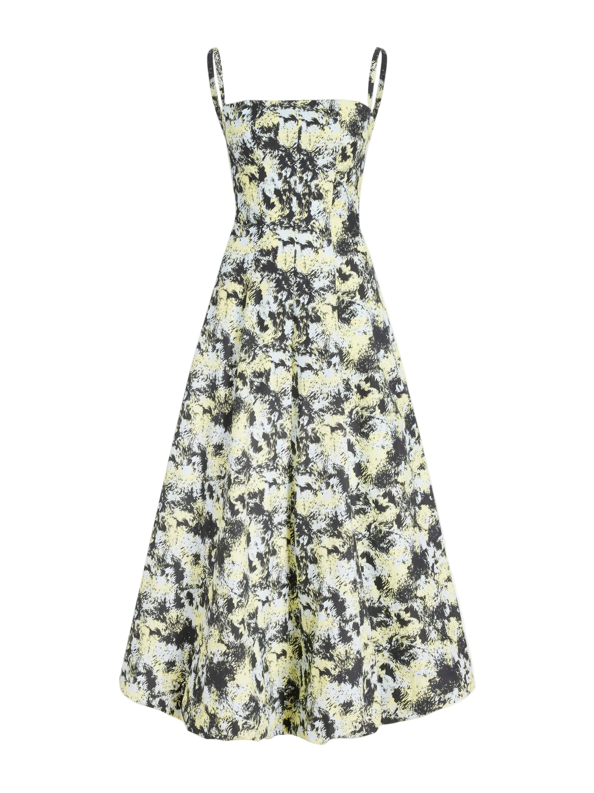 The Tulah Dress by Proenza Schouler White Label is a sleeveless fit-and-flare cotton dress with a square neckline and an abstract black, white, and pale yellow print—a modern twist on the classic silhouette.