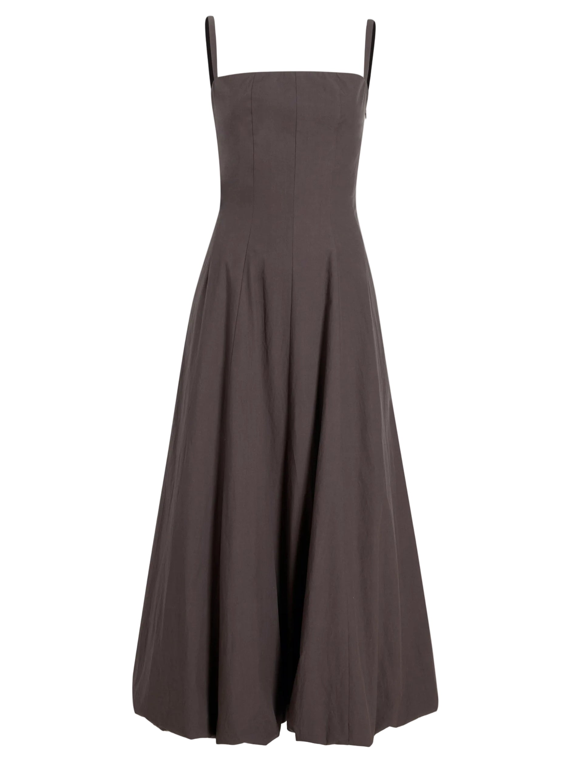 The Ella Dress by Proenza Schouler White Label is a sleeveless, dark brown, fit-and-flare cotton dress with a fitted bodice, square neckline, and thin straps, shown on a plain white background.