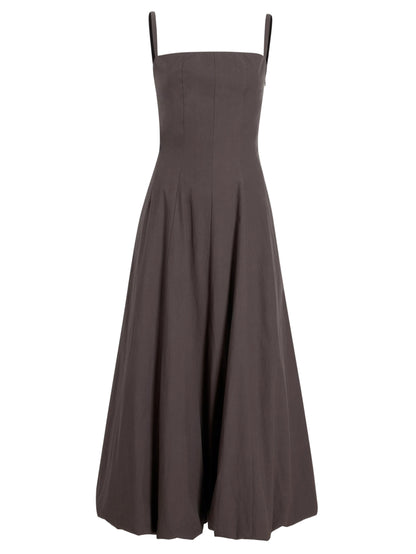 The Ella Dress by Proenza Schouler White Label is a sleeveless, dark brown, fit-and-flare cotton dress with a fitted bodice, square neckline, and thin straps, shown on a plain white background.