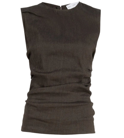 The Anoushka Slub Linen Top by Proenza Schouler White Label is a sleeveless brown top with a fitted silhouette, subtle side ruching, and a small back zipper.
