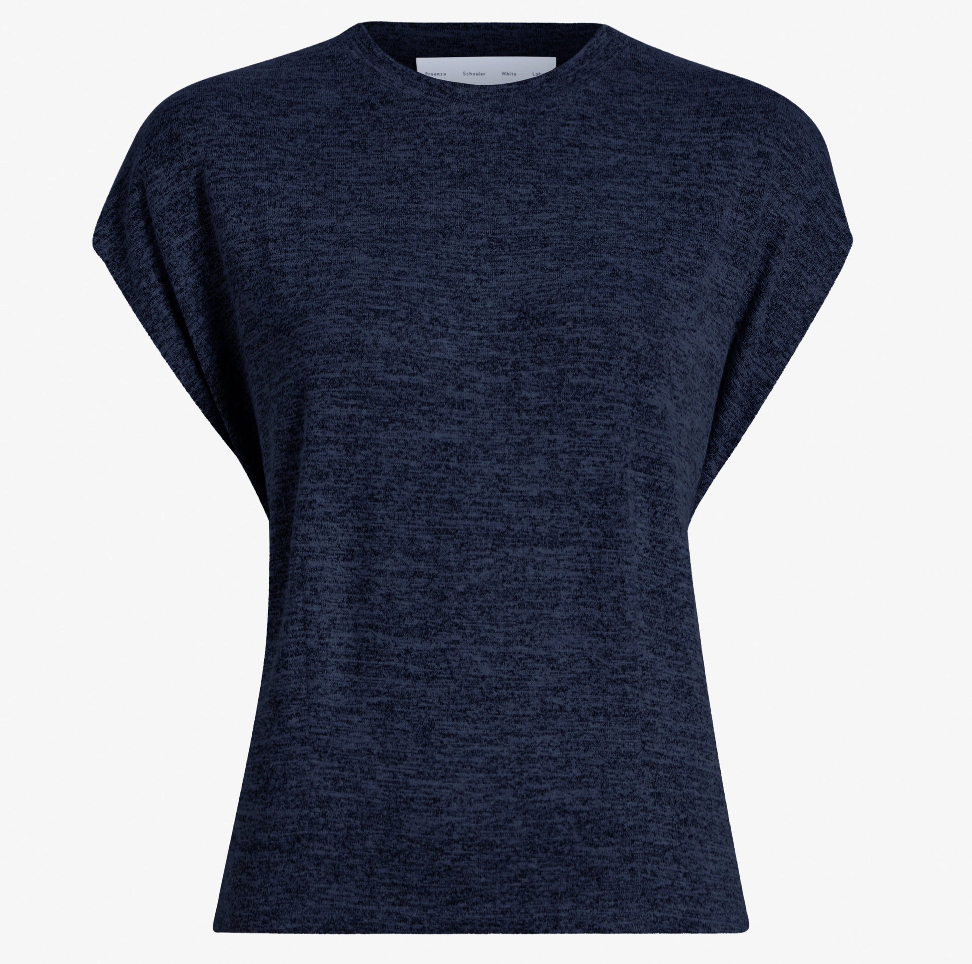The Reeva Marled Jersey Top by Proenza Schouler White Label is a navy blue women's cropped tee with a classic crew neckline and gathered back detail, shown on a plain white background.