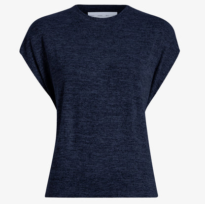 The Reeva Marled Jersey Top by Proenza Schouler White Label is a navy blue women's cropped tee with a classic crew neckline and gathered back detail, shown on a plain white background.