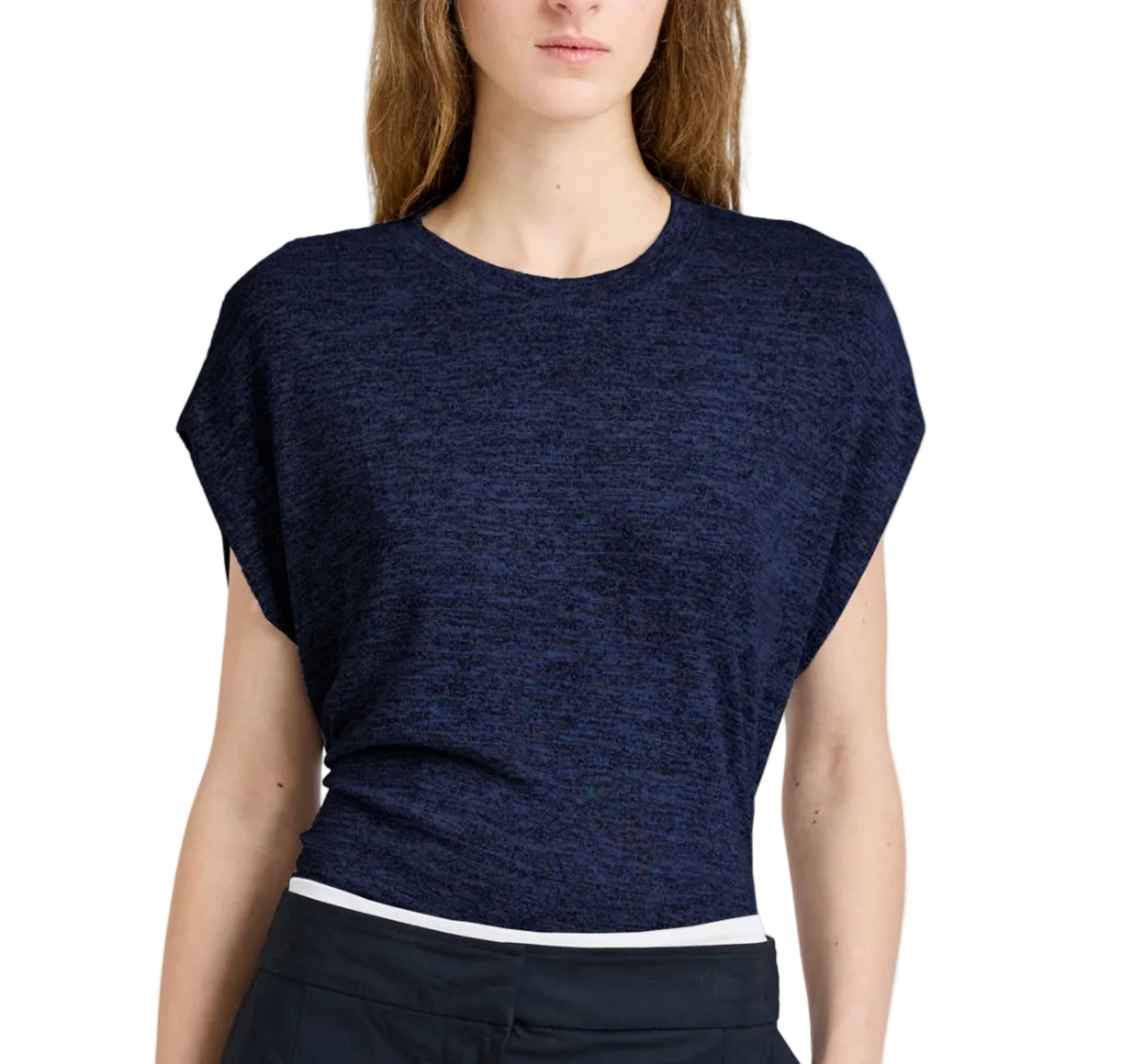 A woman models the Reeva Marled Jersey Top by Proenza Schouler White Label—navy blue, short-sleeve, loose-fit with a crew neckline—paired with black pants, shown from shoulders to waist against a plain background.