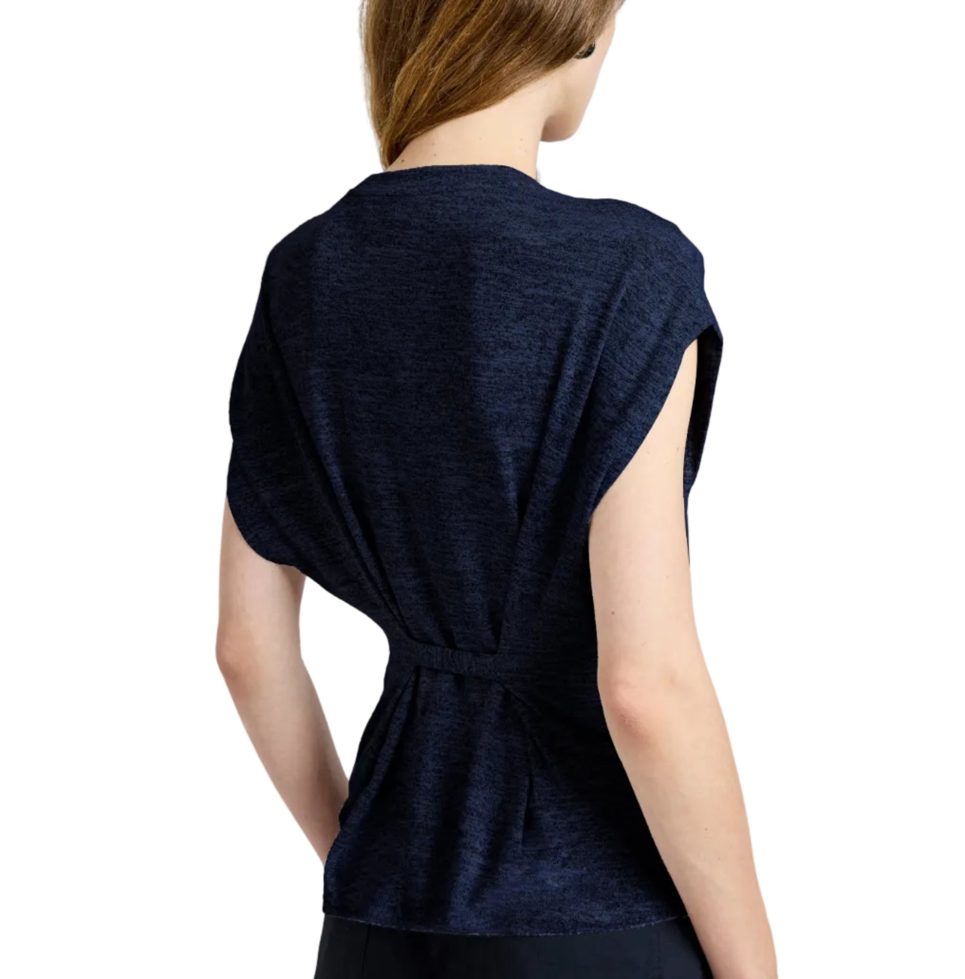 A person with light skin and brown hair is seen from the back wearing the Proenza Schouler White Label Reeva Marled Jersey Top, a navy blue sleeveless cropped tee with a cinched waist detail.