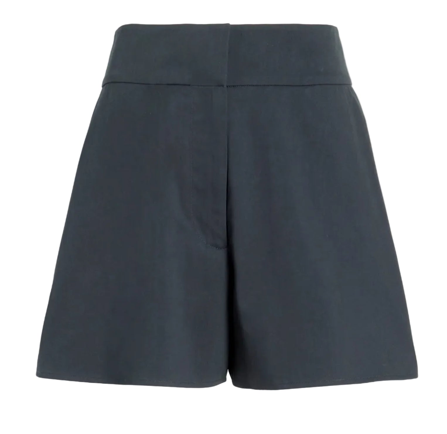 The Natalia Short by Proenza Schouler White Label features a dark gray hue, high waist, wide waistband, and a gently flared silhouette in soft outerwear cotton, shown against a white background.