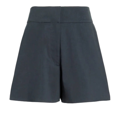 The Natalia Short by Proenza Schouler White Label features a dark gray hue, high waist, wide waistband, and a gently flared silhouette in soft outerwear cotton, shown against a white background.