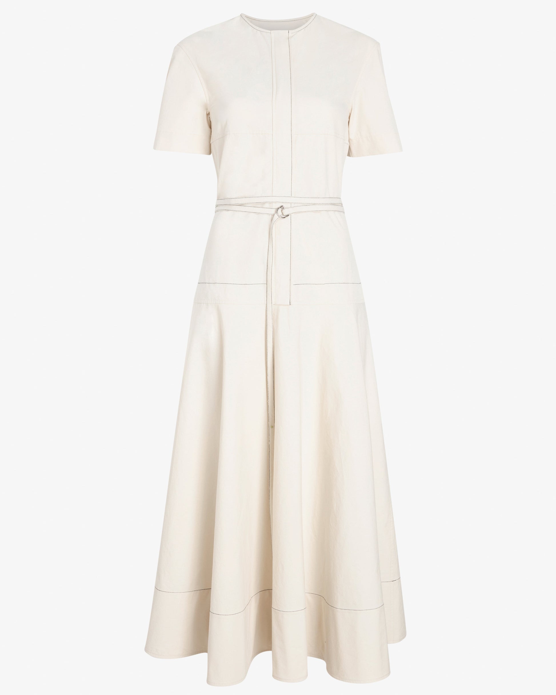 The Elizabeth Dress by Proenza Schouler White Label is a short-sleeve, ankle-length cotton linen dress with a round neckline, visible seams, and a matching thin waist tie in a fit-and-flare silhouette on a plain white background.