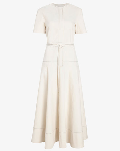 The Elizabeth Dress by Proenza Schouler White Label is a short-sleeve, ankle-length cotton linen dress with a round neckline, visible seams, and a matching thin waist tie in a fit-and-flare silhouette on a plain white background.