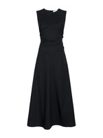 The Anoushka Dress by Proenza Schouler White Label is a sleeveless black poplin dress featuring a fitted bodice and flared skirt, shown against a plain white background.
