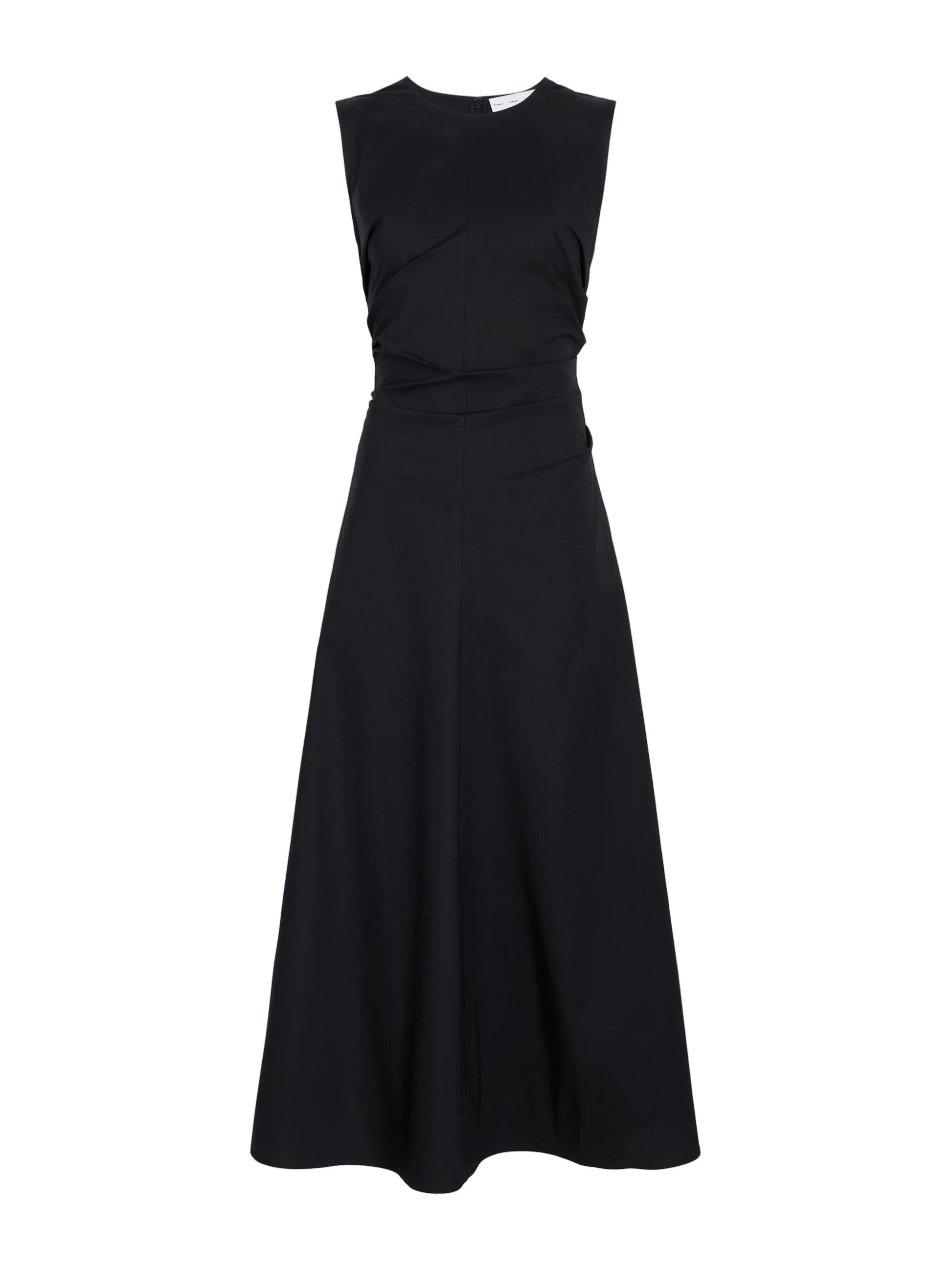 The Anoushka Dress by Proenza Schouler White Label is a sleeveless black poplin dress featuring a fitted bodice and flared skirt, shown against a plain white background.