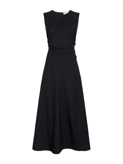 The Anoushka Dress by Proenza Schouler White Label is a sleeveless black poplin dress featuring a fitted bodice and flared skirt, shown against a plain white background.