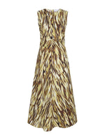 The sleeveless, ankle-length Anoushka Dress by Proenza Schouler White Label features poplin fabric with a brown and yellow abstract brushstroke print, a fitted waist, and a flared skirt.