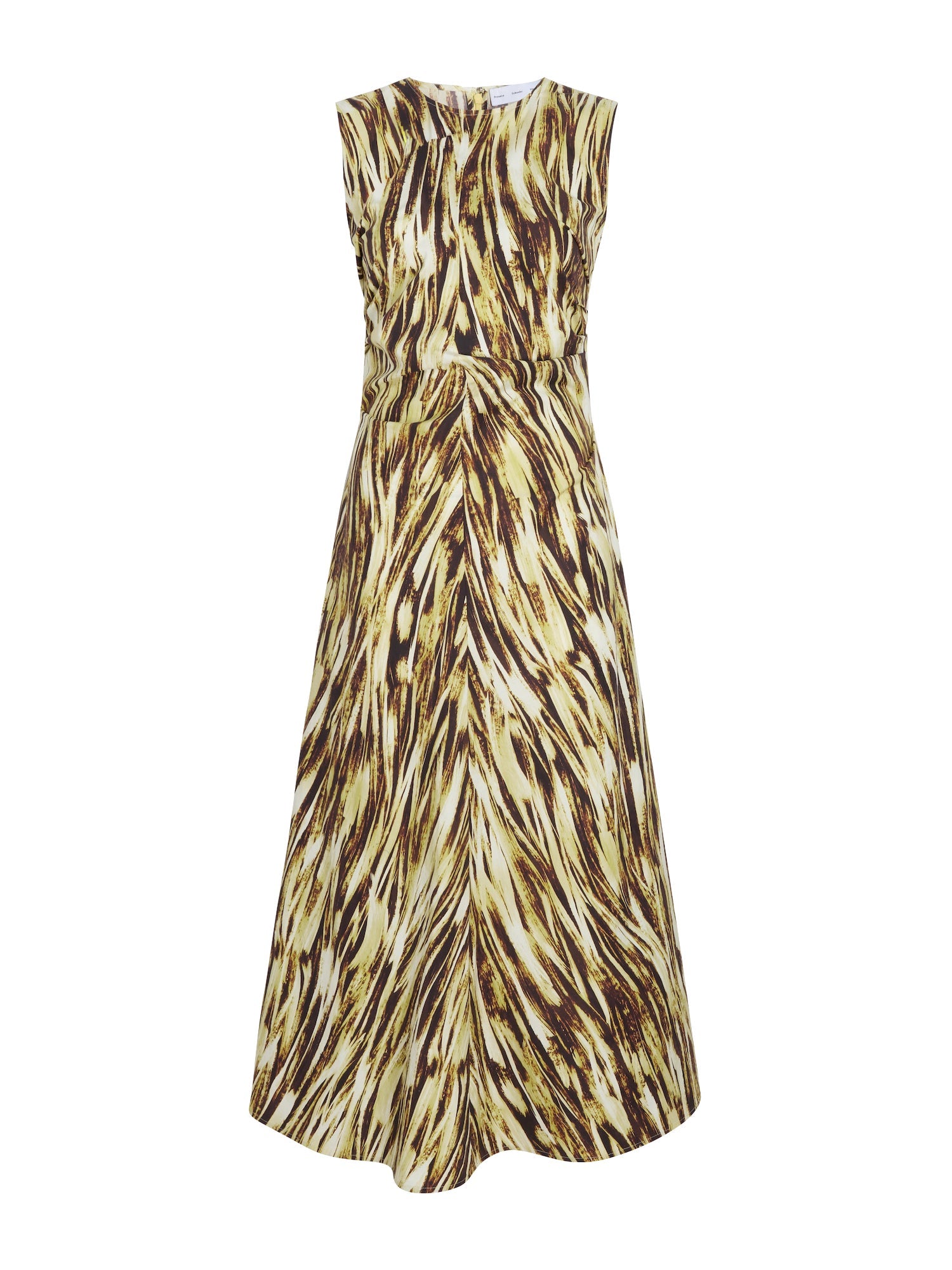 The sleeveless, ankle-length Anoushka Dress by Proenza Schouler White Label features poplin fabric with a brown and yellow abstract brushstroke print, a fitted waist, and a flared skirt.