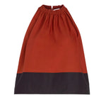 The Esme Top by Proenza Schouler White Label is a sleeveless, rust-colored top featuring a gathered neckline, wide black hem band, and stylish cropped silhouette.