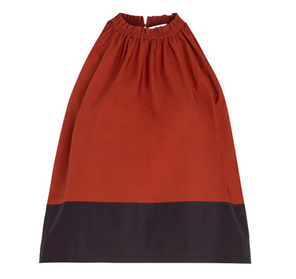 The Esme Top by Proenza Schouler White Label is a sleeveless, rust-colored top featuring a gathered neckline, wide black hem band, and stylish cropped silhouette.