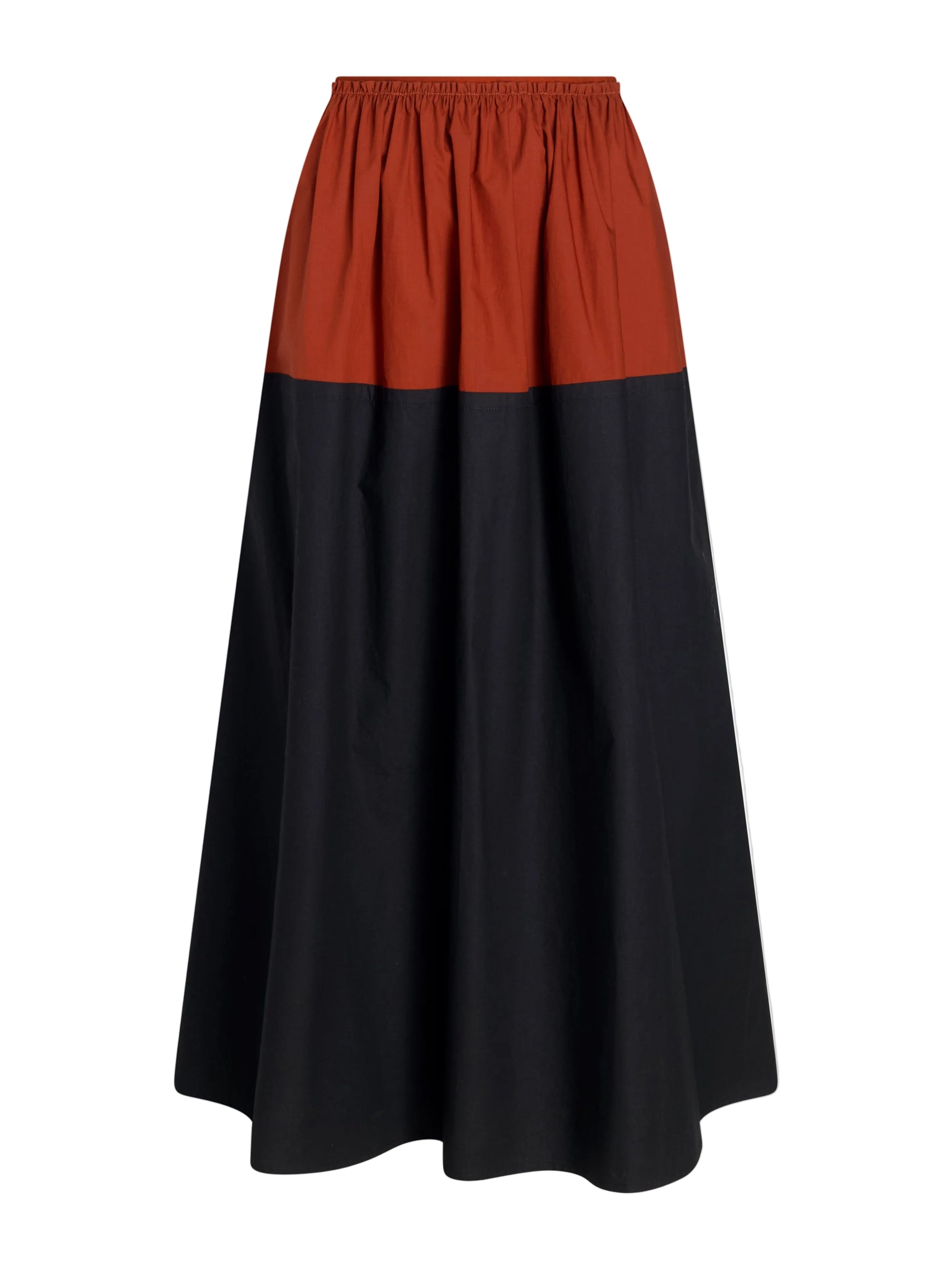 The Nyla Skirt by Proenza Schouler White Label is an A-line poplin skirt with color-blocking, featuring a rust-colored top, black lower section, and an elastic waistband.