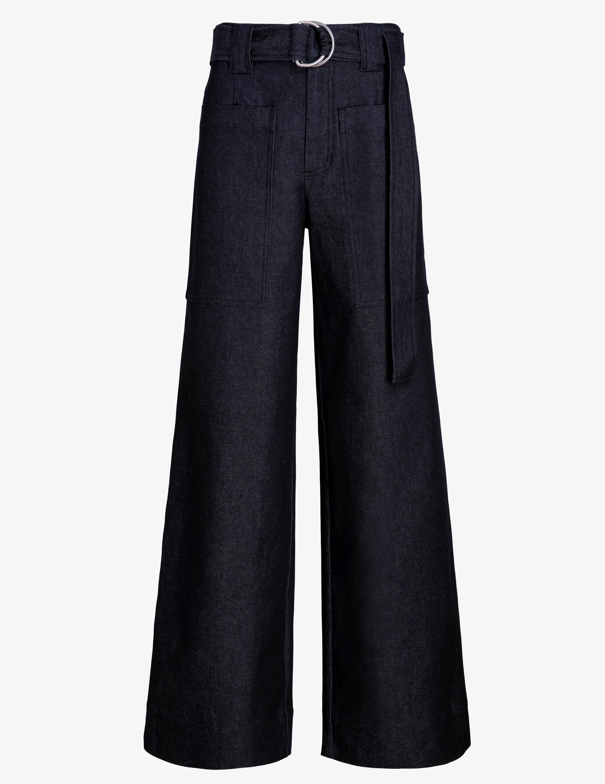 The Lina Pant by Proenza Schouler White Label is a high-waisted, wide-leg black denim style featuring front patch pockets and an adjustable fabric belt with a metal ring buckle.