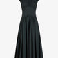 A black, short-sleeve, calf-length Nyssa Stretch Cotton Dress by Proenza Schouler White Label is crafted from stretch cotton and features a fitted bodice, gathered waist, and flared skirt—elegantly displayed against a plain white background.
