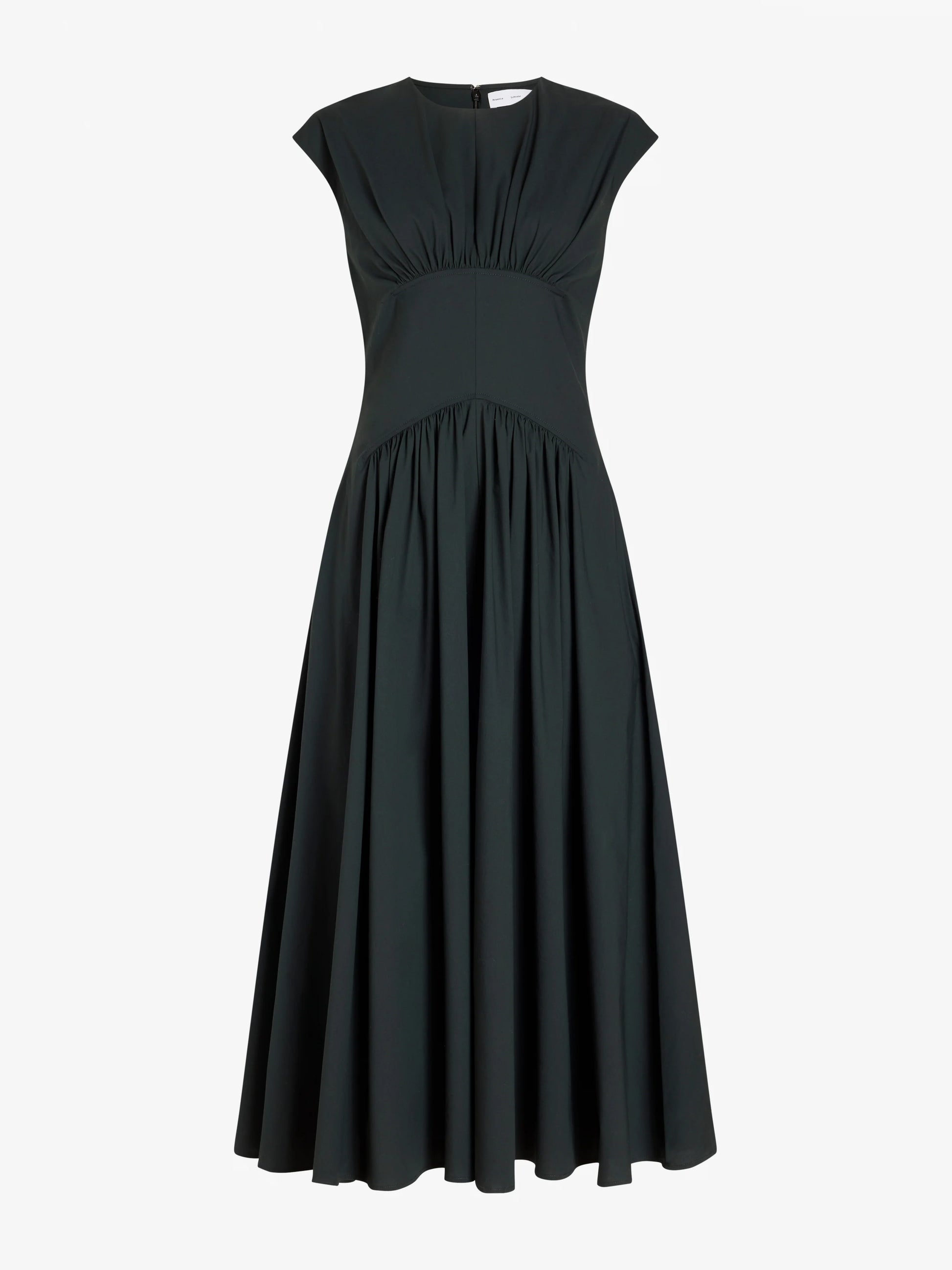 A black, short-sleeve, calf-length Nyssa Stretch Cotton Dress by Proenza Schouler White Label is crafted from stretch cotton and features a fitted bodice, gathered waist, and flared skirt—elegantly displayed against a plain white background.