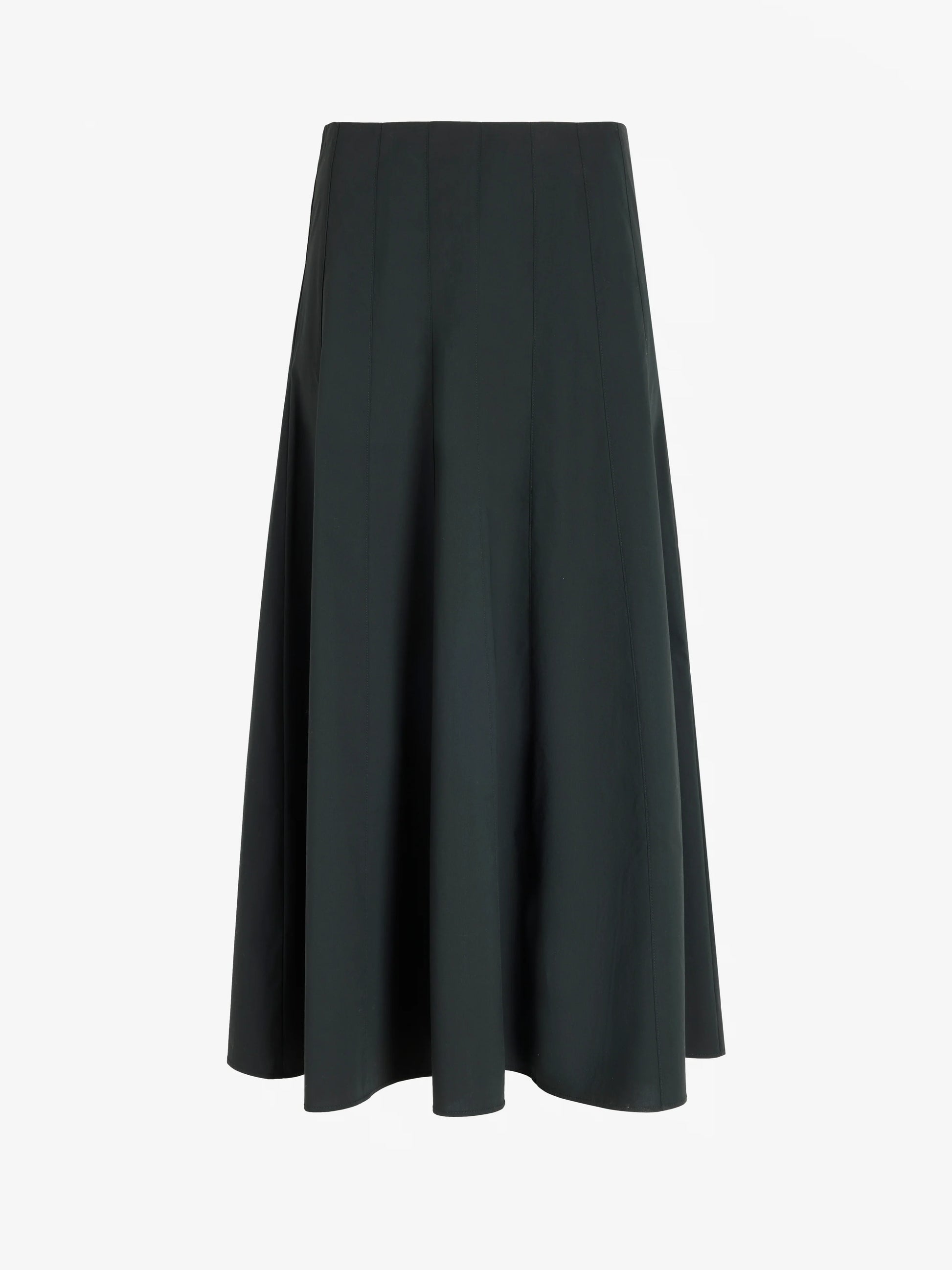 The Heidi Stretch Cotton Skirt by Proenza Schouler White Label is a black A-line midi skirt made from soft stretch cotton, featuring subtle vertical seams and shown against a plain white background.