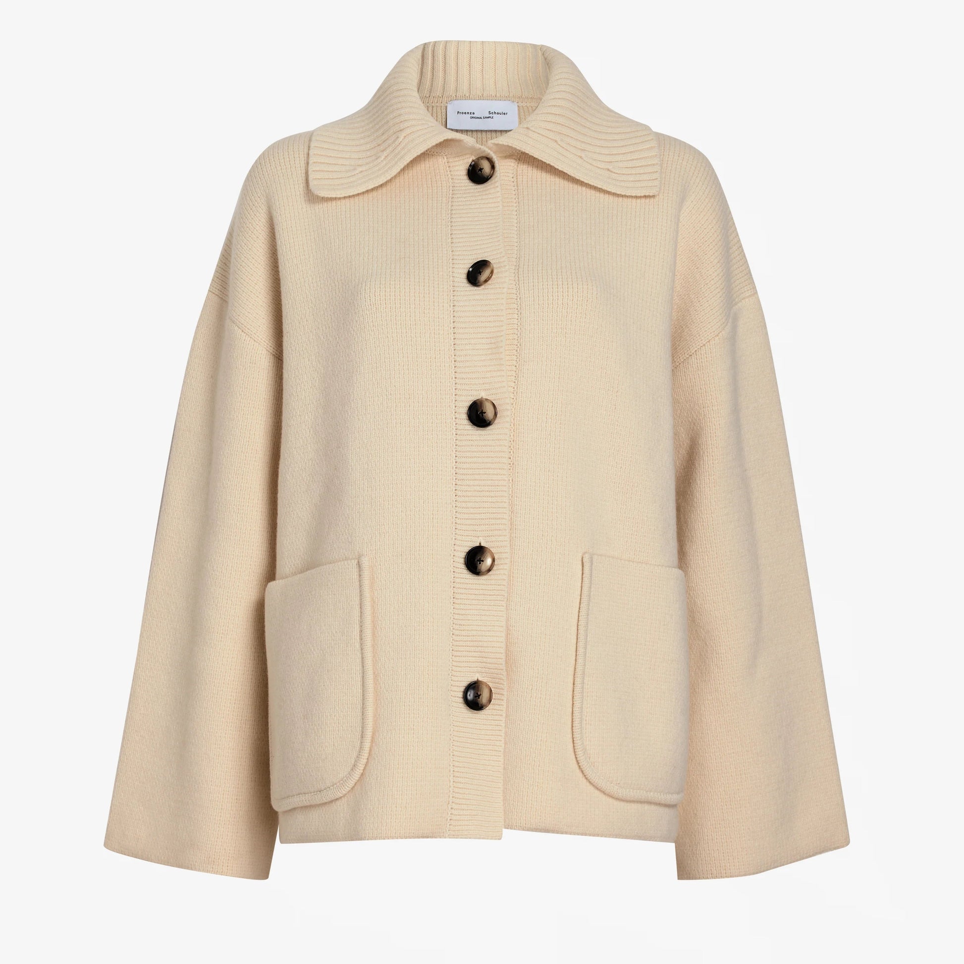 A beige, long-sleeve, button-up Nelly Melange Merino Jacket by Proenza Schouler White Label, featuring large front pockets and a wide collar, displayed on a plain white background.