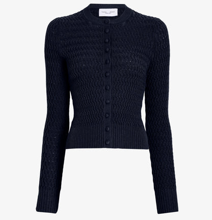 Dark navy Proenza Schouler White Label Marci Cardigan with a crew neckline, textured knit pattern, long sleeves, and front button closure.