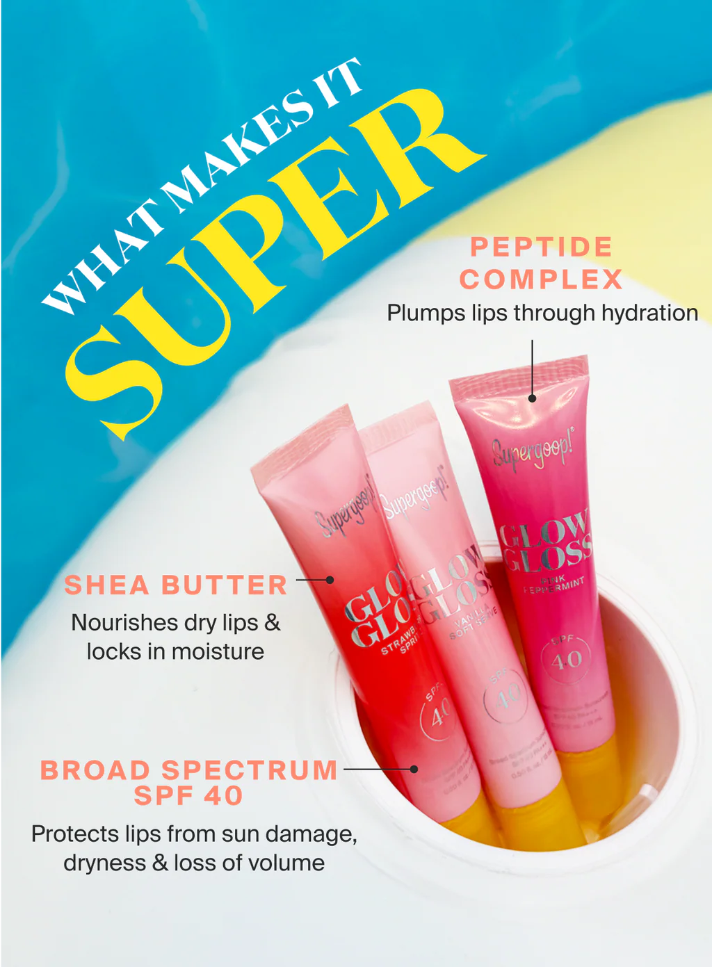 Three tubes of Supergoop Glow Gloss Lip Balm SPF 40 are displayed in a white container, with text calling out peptide complex, shea butter, broad-spectrum SPF 40 protection, and a non-sticky finish for ultra-hydrated lips.