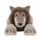 Ulrich Wolf by Jellycat—plush toy wolf with large paws and furry mane, lying down and viewed from the front on a white background.