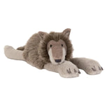 Ulrich Wolf by Jellycat: A plush toy wolf lying down with a light gray body, fluffy brown and gray fur, and large soft paws facing forward.