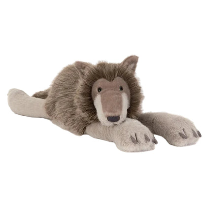 Ulrich Wolf by Jellycat: A plush toy wolf lying down with a light gray body, fluffy brown and gray fur, and large soft paws facing forward.