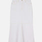 The Flounce Denim Skirt by Frame is a white maxi skirt featuring front button and zipper closure, belt loops, and visible stitching details.
