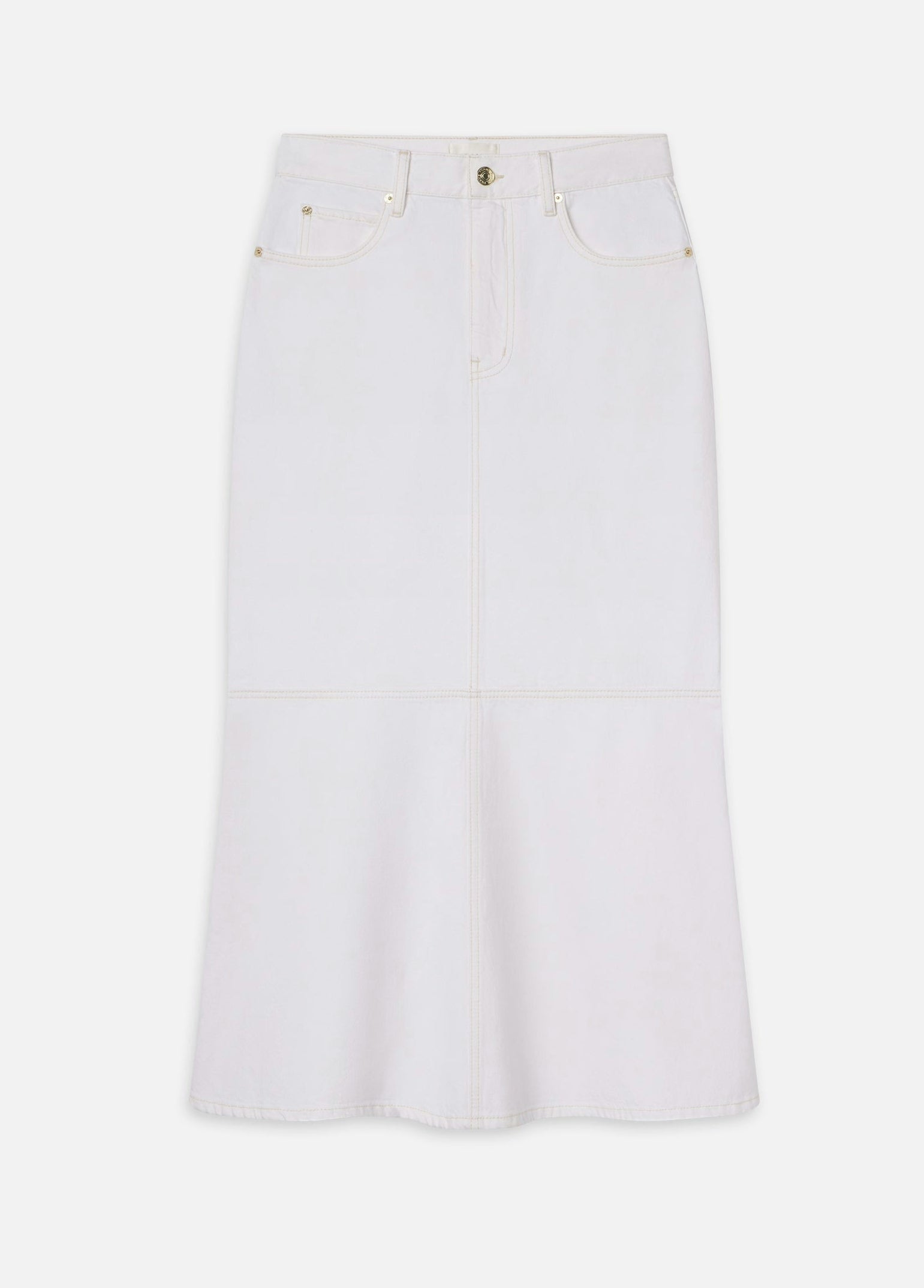The Flounce Denim Skirt by Frame is a white maxi skirt featuring front button and zipper closure, belt loops, and visible stitching details.