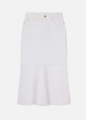 The Flounce Denim Skirt by Frame is a white maxi skirt featuring front button and zipper closure, belt loops, and visible stitching details.