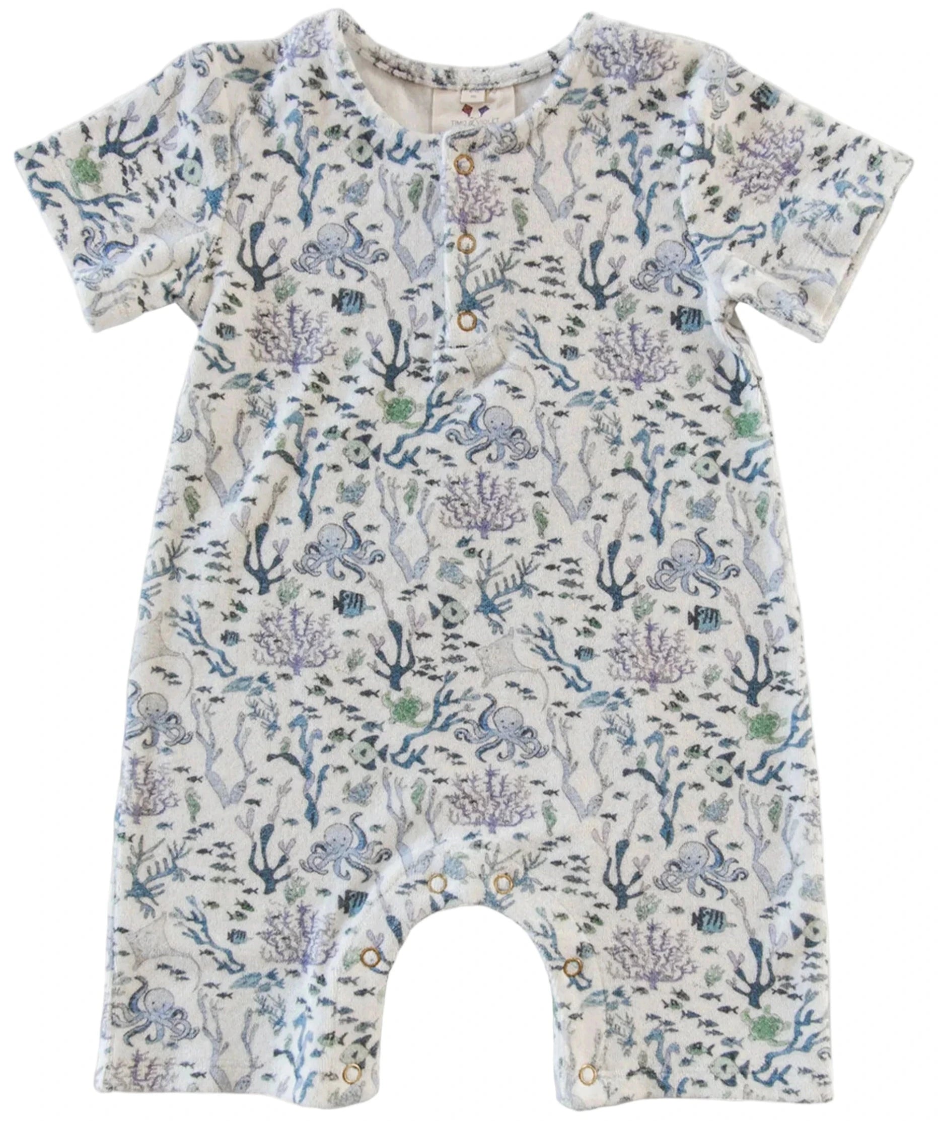 The Timo & Violet Baby Walker Terry Onesie is an eco-friendly, short-sleeved organic cotton romper with sea life prints, front buttons, and inseam snaps—perfect for your little one.