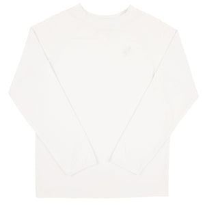 A white long-sleeved UPF 35+ Walker's Wave Swim Shirt perfect for a beach day from The Beaufort Bonnet Company.