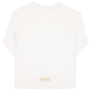 A white long-sleeved Walker's Wave Swim Shirt from The Beaufort Bonnet Company, perfect for a beach day.