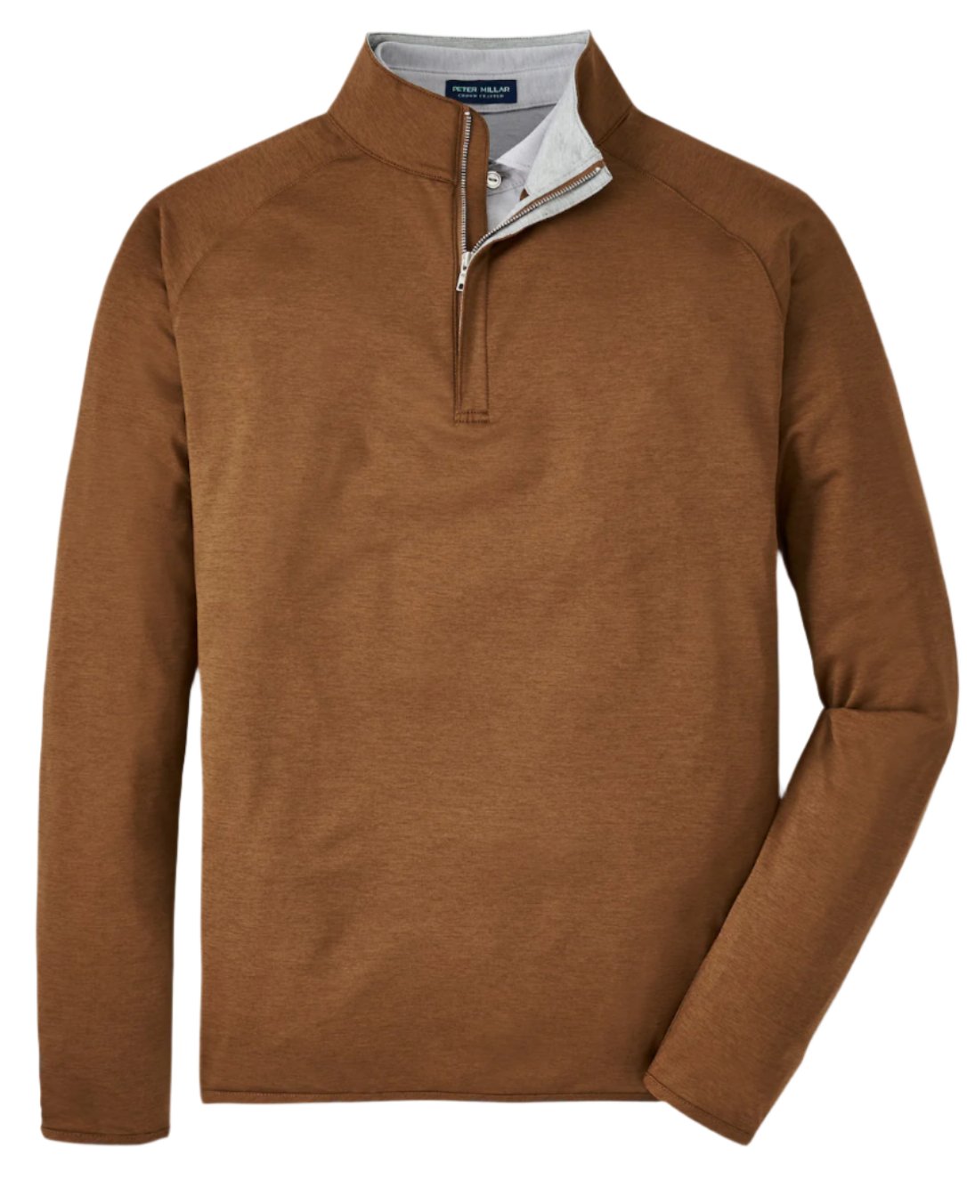 Peter Millar Stealth Performance Quarter Zip in brown, showcasing a high collar and silver buttons, designed with four-way stretch fabric for easy movement, presented on a plain white background.