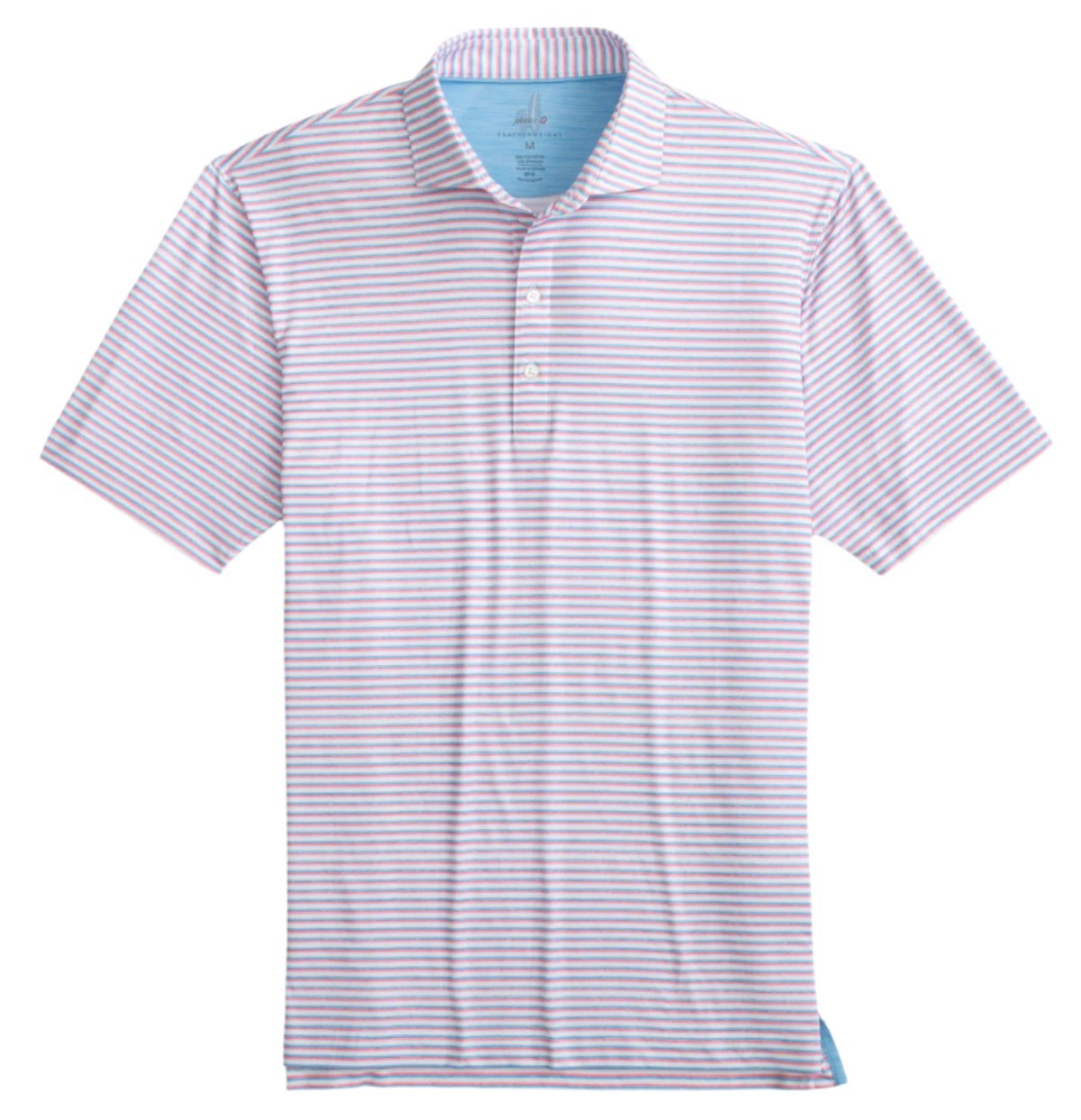 Introducing the Johnnie-O Warwick Polo by Johnnie-O: a white and light blue striped performance polo shirt, complete with short sleeves and a buttoned collar, all showcased against a white background. This featherweight polo ensures exceptional comfort thanks to its moisture-wicking capabilities.