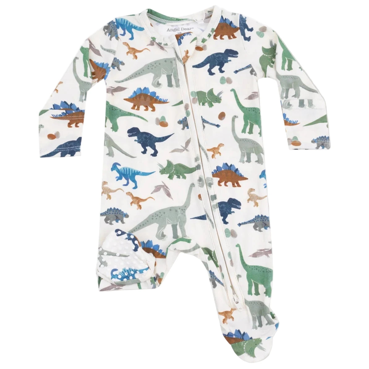 Angel Dear Baby Boys' 2-Way Zipper Footie features colorful green, blue, brown, and gray dinosaur prints—perfect as a cozy bamboo baby footie.