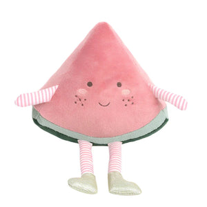 Introducing *MON AMI Water Melonie* by Mon Ami, a delightful plush toy shaped like a friendly fruit. This watermelon slice features a cheerful face, pink arms, legs adorned with striped socks, and silver shoes—ideal for cuddles or as whimsical room decor.